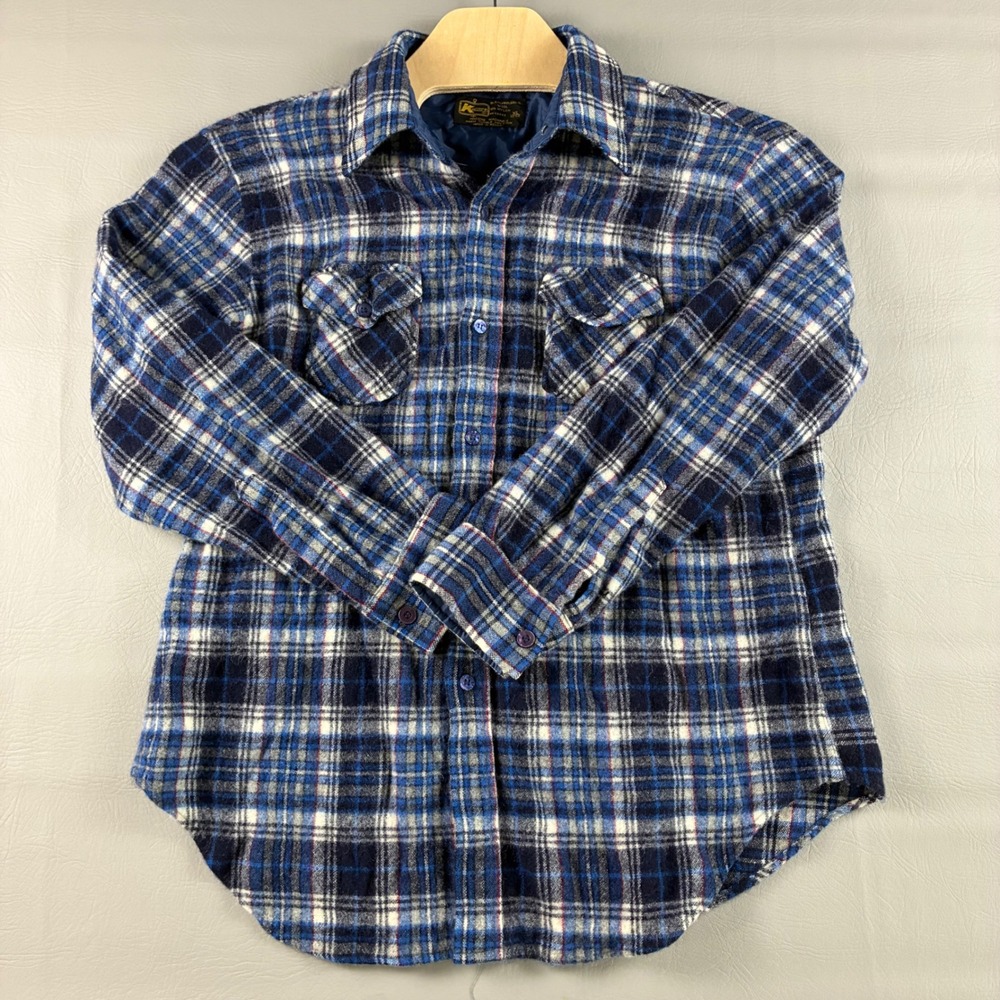 Vintage Kmart Mens XL Wool Blend Plaid Flannel Shirt Blue White Workwear Korea